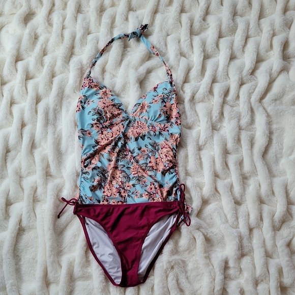 Retro Rockabilly Maternity Swimsuit Tankini Womens Small Floral Burgendy V-Neck - Picture 1 of 14